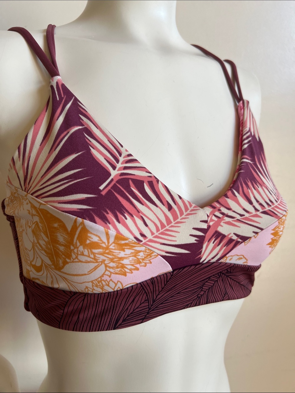 Maaji Tropical Palm Print Bikini Top in Burgundy, Pink & Mustard reversible
